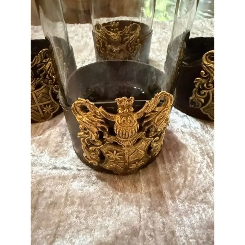 Vintage Leather Bound Rocks Glasses Set of 4 Medieval Shield Man Cave Bar